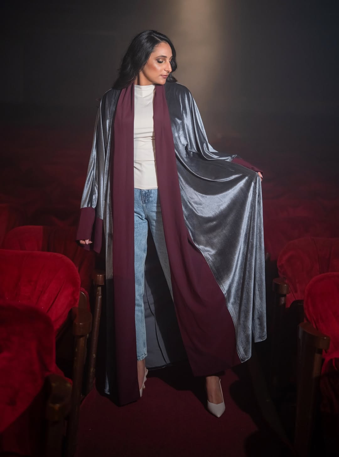 Silver velvet and crepe LE KANZ abaya