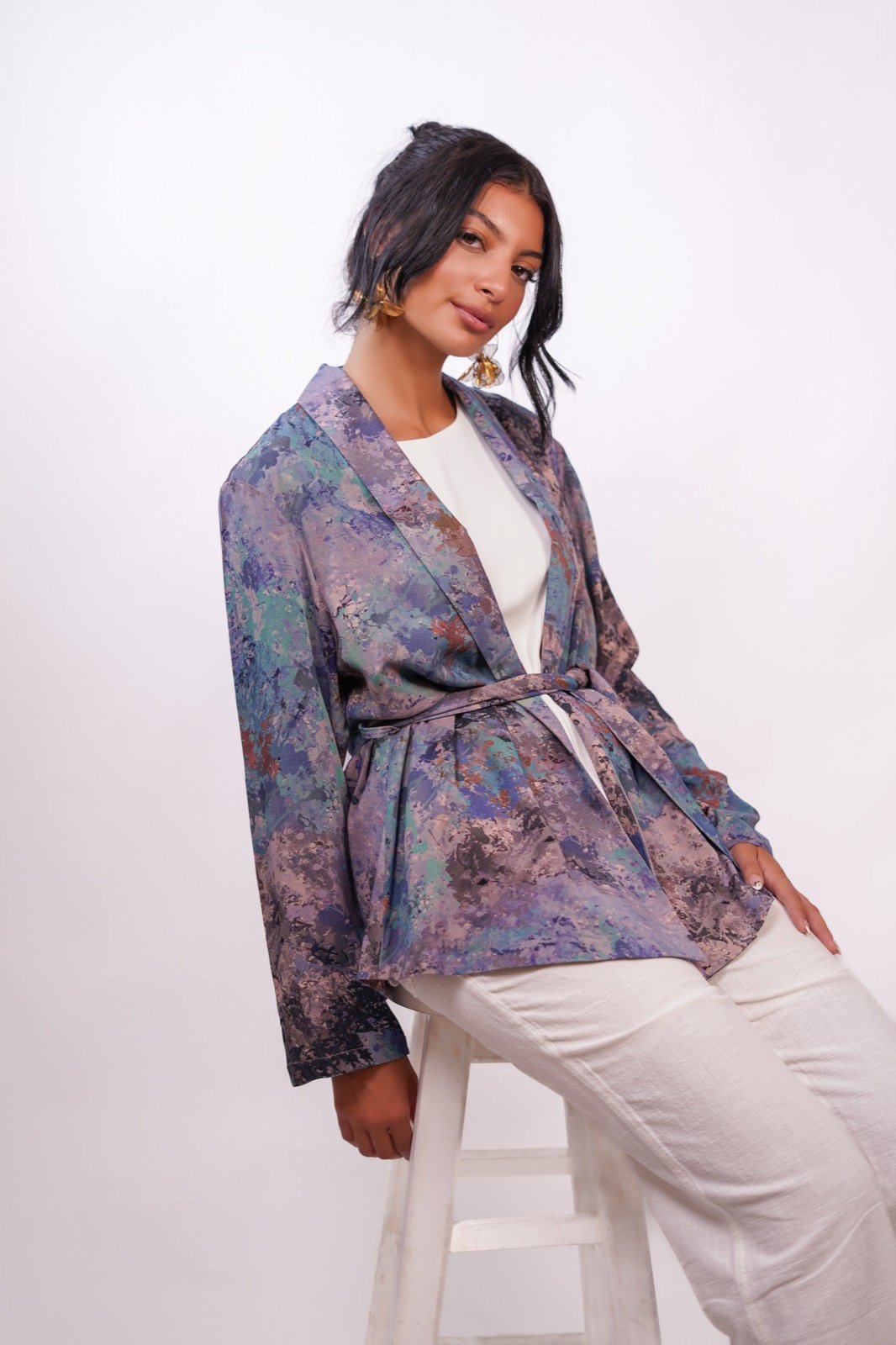 Lavender Mist blazer in a lilac and grey floral print, front view, belted at the waist, from the Le Kanz summer collection